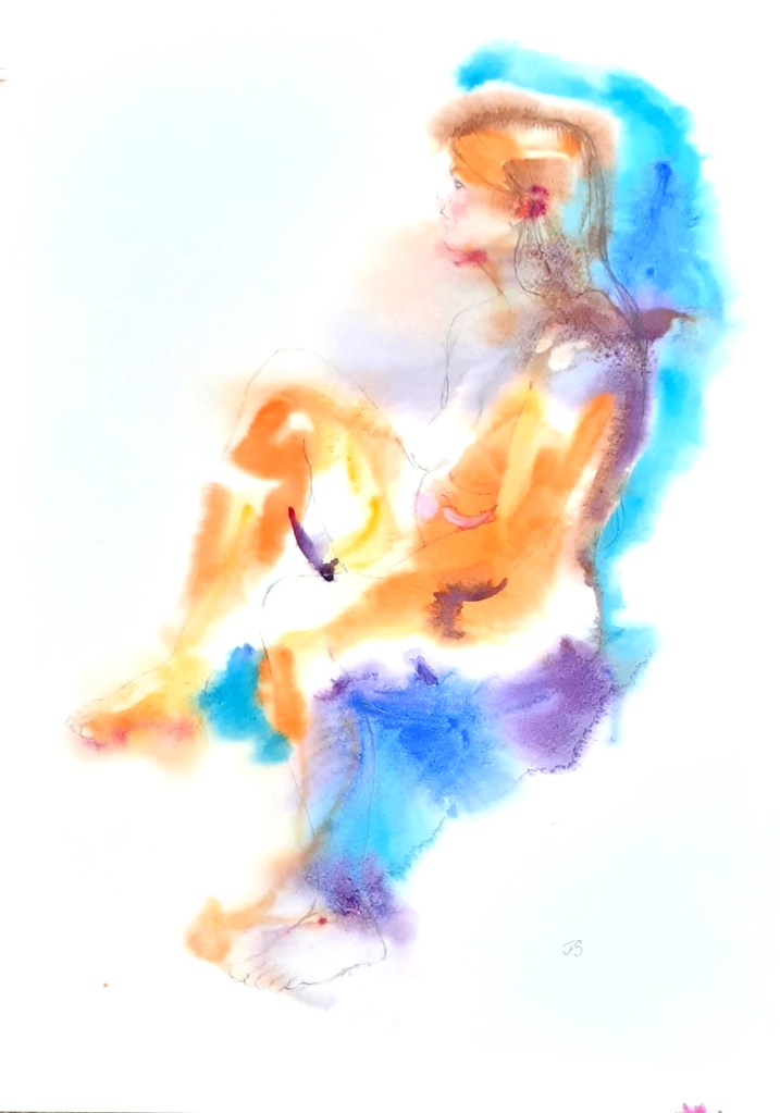 "Fuzzy B", Copyright Joanna Stone, 2024. Watercolour and pencil.